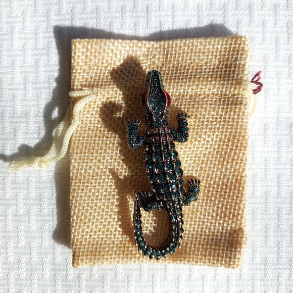 Blue Rhinestone Alligator Crocodile Necklace Pendant Pin Broach - Picture 2 of 3